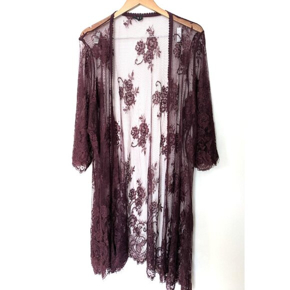 Lane Bryant Plus size 18/20 Burgundy Floral Lace Mesh Long Kimono Topper - Picture 1 of 5
